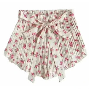 NEW WYWH Floral Ear Edge &‎ Bowknot Decor Belted Shorts Pleated M FLOWER Cottage